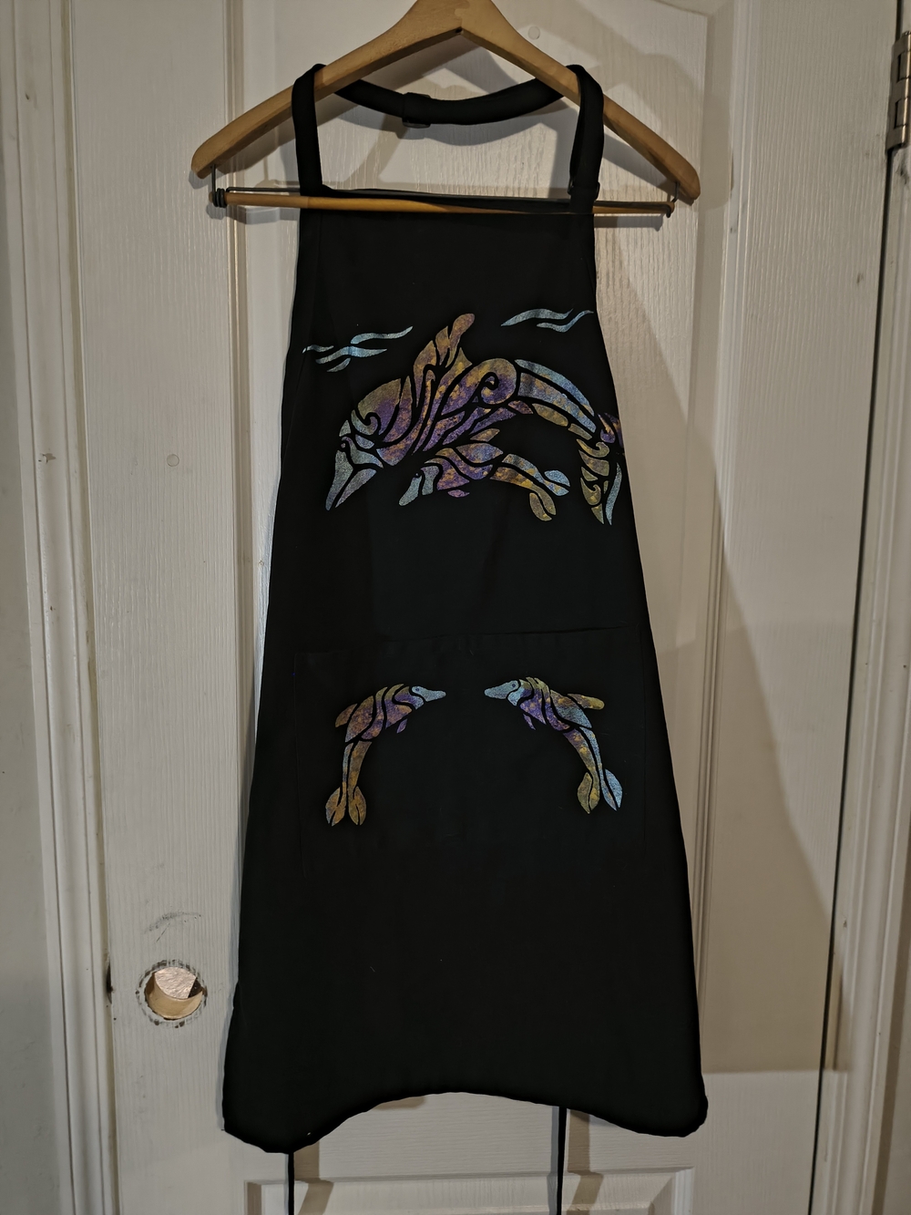 Long Black Apron with Multicolor Dolphin Design